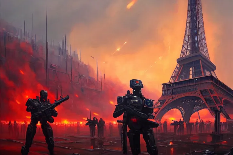 Prompt: grim oil painting of weaponized futuristic battlefield in front of the eiffel tower magali villeneuve, trending on artstation