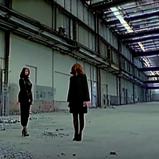 Image similar to replicants standing in an abandoned factory, still from closed circuit tv footage