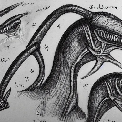 Image similar to a sketch of alien animals from another planet, found in the logbook of an explorer