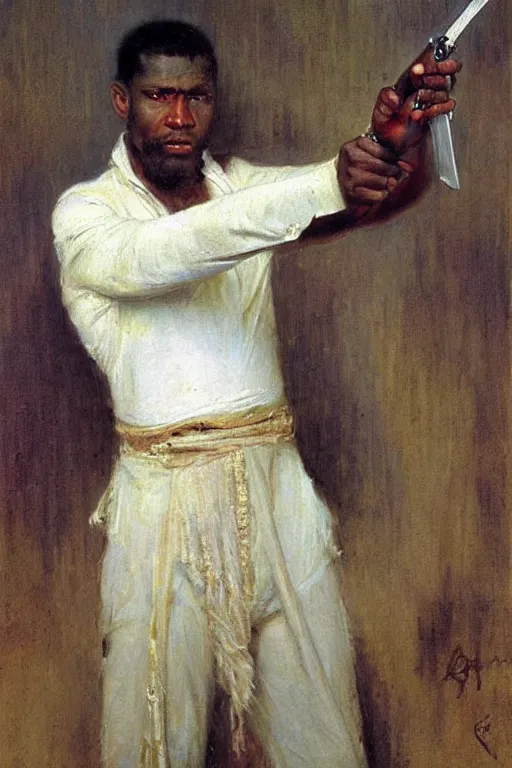 Image similar to a thirty year contract killer in all white. he is a sophisticated from africa. he is holding a knife. art by gaston bussiere.