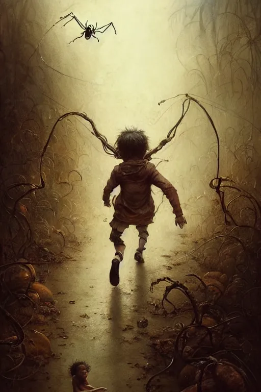 Image similar to screaming kids running away from huge spider | esoteric symbolism | jean - baptiste monge, esao andrews, bastien lecouffe - deharme, tim jacobus, ken currie | ultra - detailed realism, soft cinematic lighting, hi - fructose, artstation, high - quality, ink watercolors wes anderson poster art