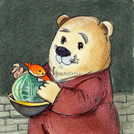 Prompt: a grumpy man dressed in a bear costume, holding a goldfish inside a bowl. watercolour with pencil, in the style of beatrix potter.