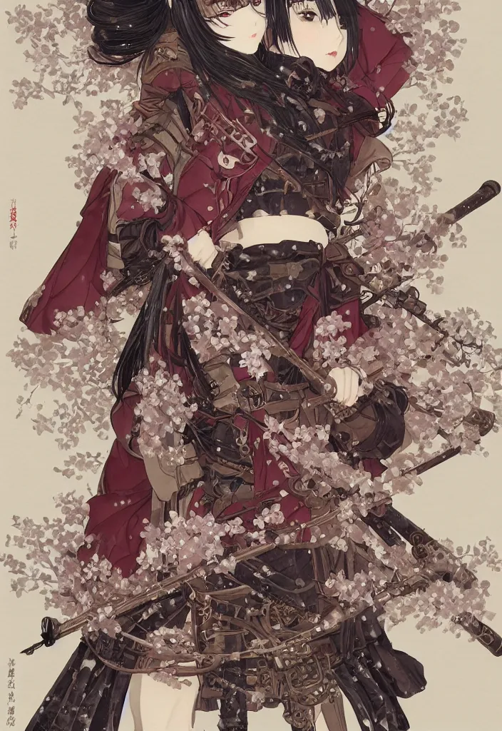 Prompt: portrait of steampunk girl samurai with swords and tachi and bow and arrow and armor and rifle and cross bow combat pose in snow forest sakura cherry blossom swan hakama kimono trending on artstation takato yamamoto krenz cushart