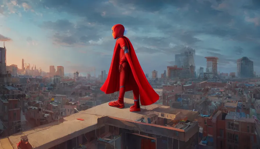 Image similar to kid with red superhero cape sitting on the edge of the roof of a building watching sunrise on the city, hyperdetailed, artstation, cgsociety, 8 k