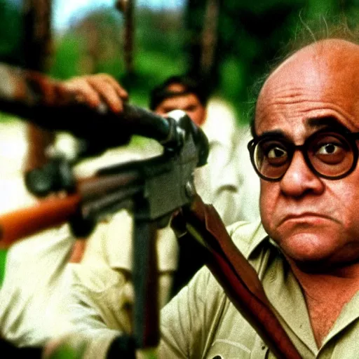 Image similar to Danny DeVito joins the VietCong, epic quality, dramatic, 8k, movie still, sharp focus