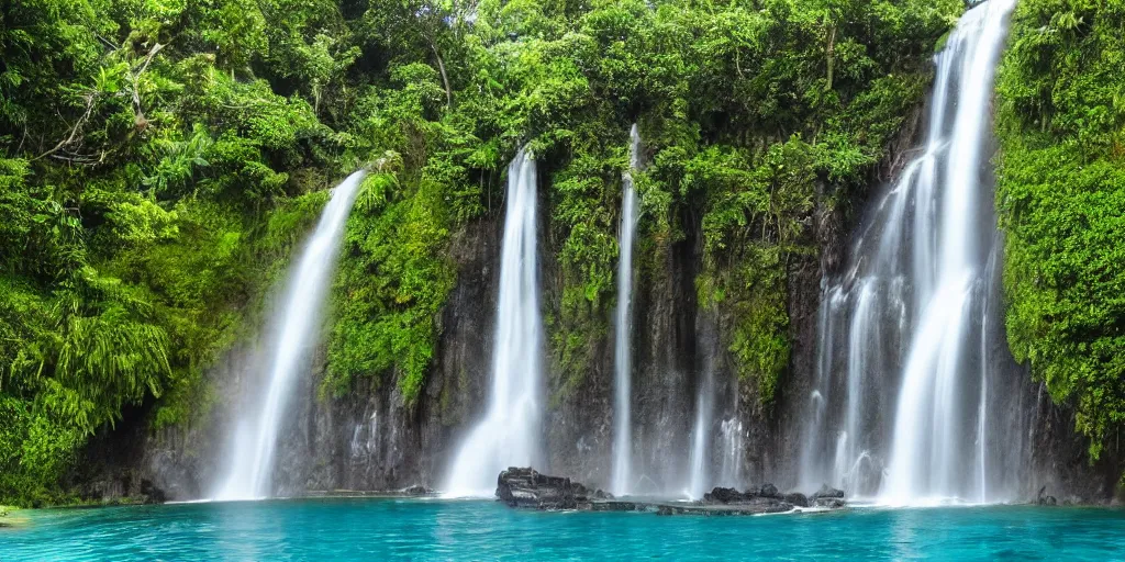 Prompt: of a tropical island with a majestic waterfall flowing into a clear pool of water, raining, fish swimming