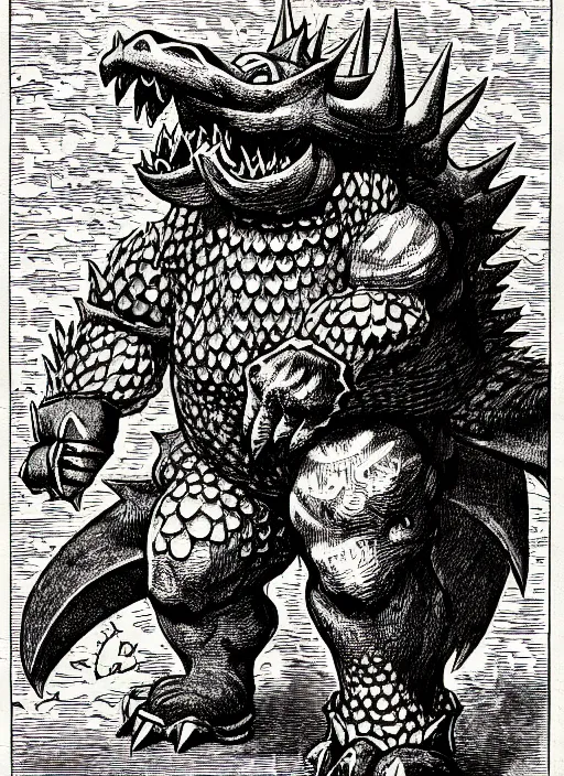 Image similar to illustration of bowser the king koopa as a demon from the dictionarre infernal, etching by louis le breton, 1 8 6 9, 1 2 0 0 dpi scan, ultrasharp detail, clean scan