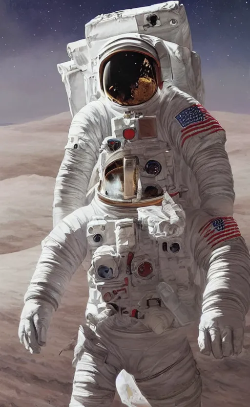 Image similar to a beautiful artwork half-body portrait of an astronaut on the moon, by greg rutkowski and jesper ejsing and raymond swanland, featured on artstation, wide angle, vertical orientation