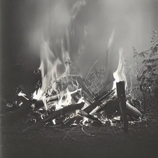 Image similar to vintage 7 0 s photo of campfire, horror, scary frightening