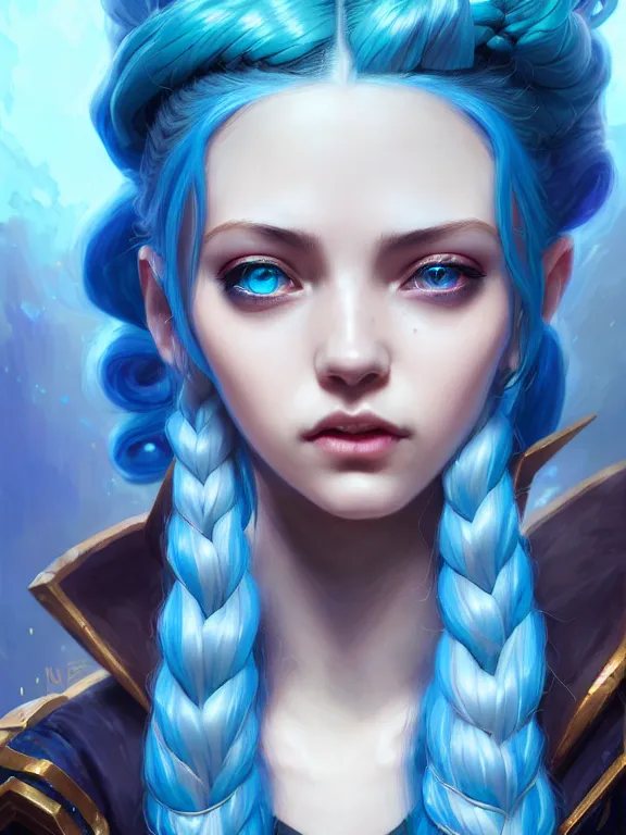 Image similar to a League of Legends FAN ART Portrait of JINX, blue hair, long pigtail, intricate, elegant, highly detailed, digital painting, concept art, smooth, sharp focus, illustration, by Laurie Greasley,Lawrence Alma-Tadema,Dan Mumford,artstation,deviantart,Unreal Engine,face enhance,8K,golden ratio,cinematic lighting