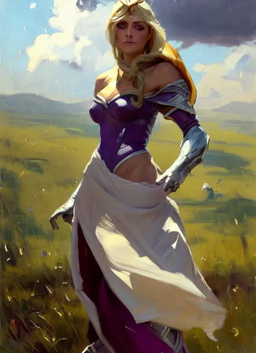 Prompt: Greg Manchess painting of Syndra from League of Legends, countryside, calm, fantasy character portrait, dynamic pose, above view, sunny day, thunder clouds in the sky, artwork by Jeremy Lipkin and Giuseppe Dangelico Pino and Michael Garmash and Rob Rey, very coherent asymmetrical artwork, sharp edges, perfect face, simple form, 100mm