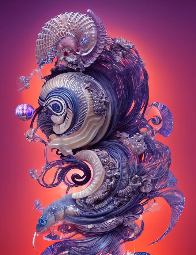 Image similar to 3 d goddess nautilus half - turn portrait with long hair with ram skull. beautiful intricately detailed japanese crow kitsune mask and clasical japanese kimono. betta fish, jellyfish phoenix, bio luminescent, plasma, ice, water, wind, creature, artwork by tooth wu and wlop and beeple and greg rutkowski