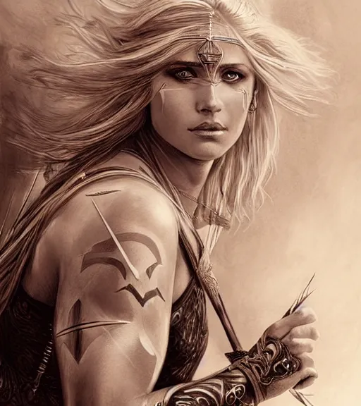 Image similar to portrait of beautiful aphrodite goddess as an archer warrior, arrow, beautiful piercing eyes, flowing blonde hair, realistic face, black and white drawing, in the style of greg rutkowski, fantasy, amazing detail, epic, intricate, elegant, smooth, sharp focus