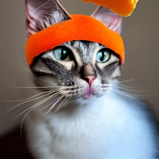 Prompt: cat wearing a helmet that looks like an orange peel, fruit helmet