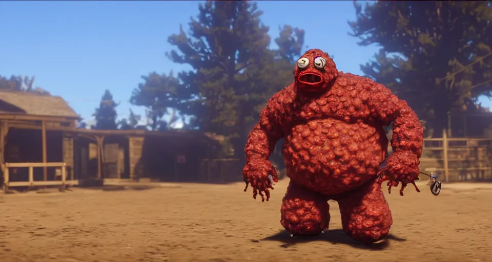 Image similar to Screenshot of Meatwad from Aqua Teen Hunger Force as a 3d cowboy in full cowboy attire in the videogame 'Red Dead Redemption 2'. Sharpened. 1080p. High-res. Ultra graphical settings.