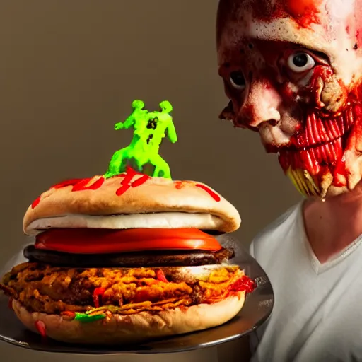 Image similar to a humanoid bipedal upright zombie that strongly resembles a hamburger, professional food photography