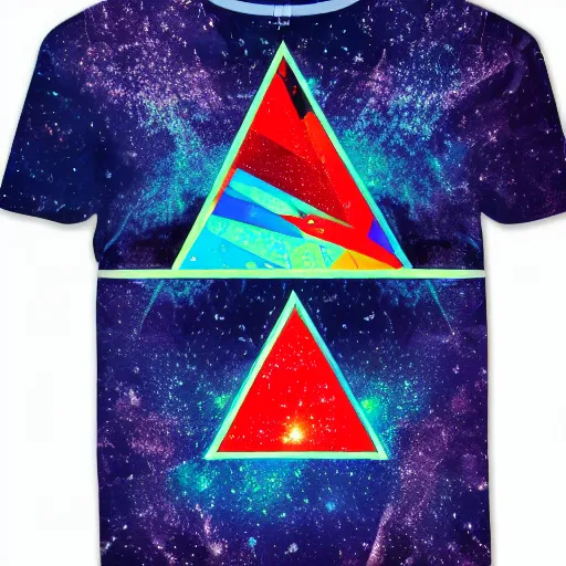 Image similar to photo of a t - shirt with a cool galactic print in a triangular pyramid shape on the chest in the style of maximalism, product photo