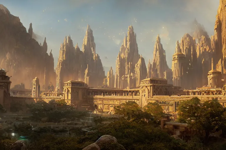 Image similar to city of theed on the planet naboo, star wars matte painting, long shot, concept art, wide shot, digital art, trending on artstation, 4 k, extremely detailed, realistic, midday, warm colors, golden sunlight, by greg rutkowski, cinematic, epic
