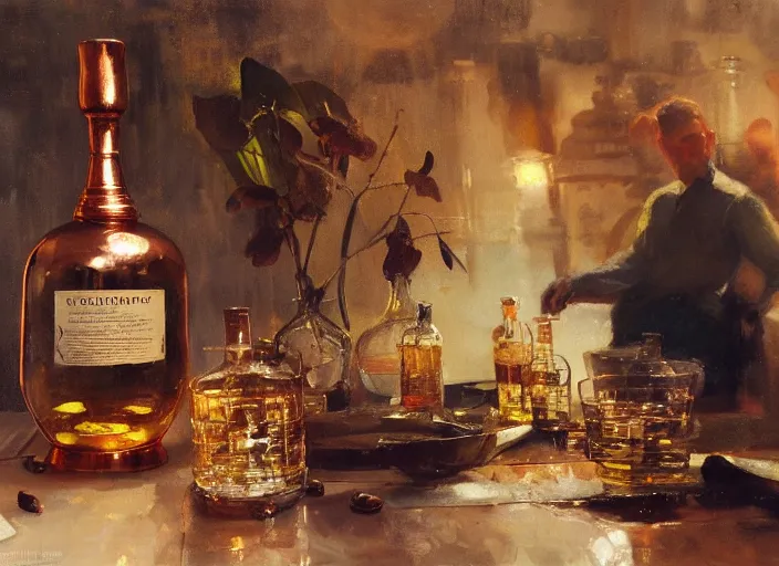 Image similar to oil painting of beautiful copper still, distillation, barley grains, plants and whiskey bottle, art by anders zorn, wonderful masterpiece by greg rutkowski, beautiful cinematic light, american romanticism by greg manchess, creation by tyler edlin