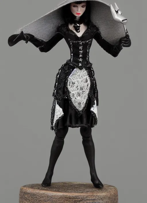Prompt: Image on the store website, eBay, Detailed Miniature of a beautiful female sorceress, dress in black and gray and white, tricorn hat