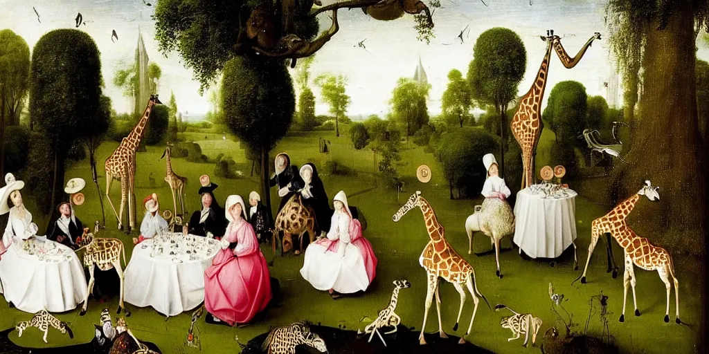 Image similar to elegant victorian tea party with giraffes in a topiary english garden, hyper realistic hieronymus bosch - h 7 6 8