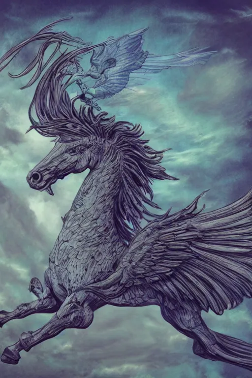 Prompt: pegasus, in the style of Greg Broadmore and Arthur Rackham,trending on artstation, light lighting side view,digital art,surrealism ,macro,blueprint ,vaporwave ,