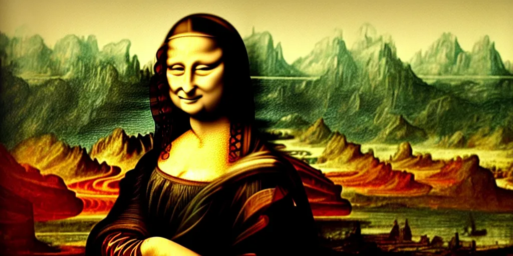 Prompt: a painting of the Mona Lisa standing in front of the castle of marburg in the style of Leonardo Davinci, sharp, 8k-resolution, highly-detailed, award-winning, baroque, matte painting, concept art, 4k