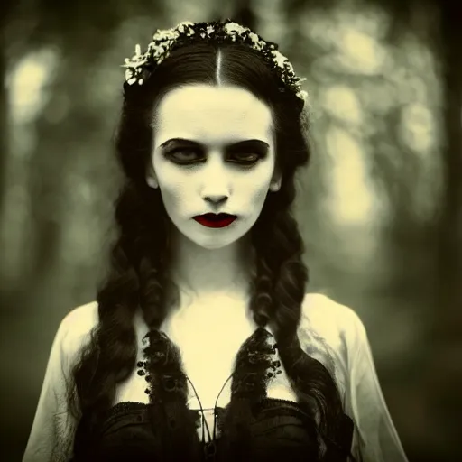 Image similar to A beautiful portrait of a lady vampire, victorian, '20, ominous, dracula, depth of field, bokeh, irwin penn, soft light, cinematic
