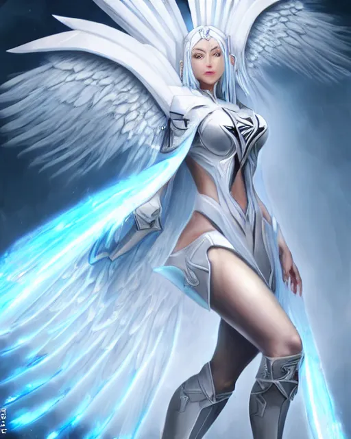 Prompt: perfect white haired egyptian goddess with huge white dove wings, warframe armor, attractive, beautiful, symmetric, dreamy, half asian, pretty face, blue eyes, detailed, scifi platform, laboratory, experiment, 4 k, hyper realistic, epic lighting, android body, illuminated, cinematic, masterpiece, art by akihito tsukushi, voidstar