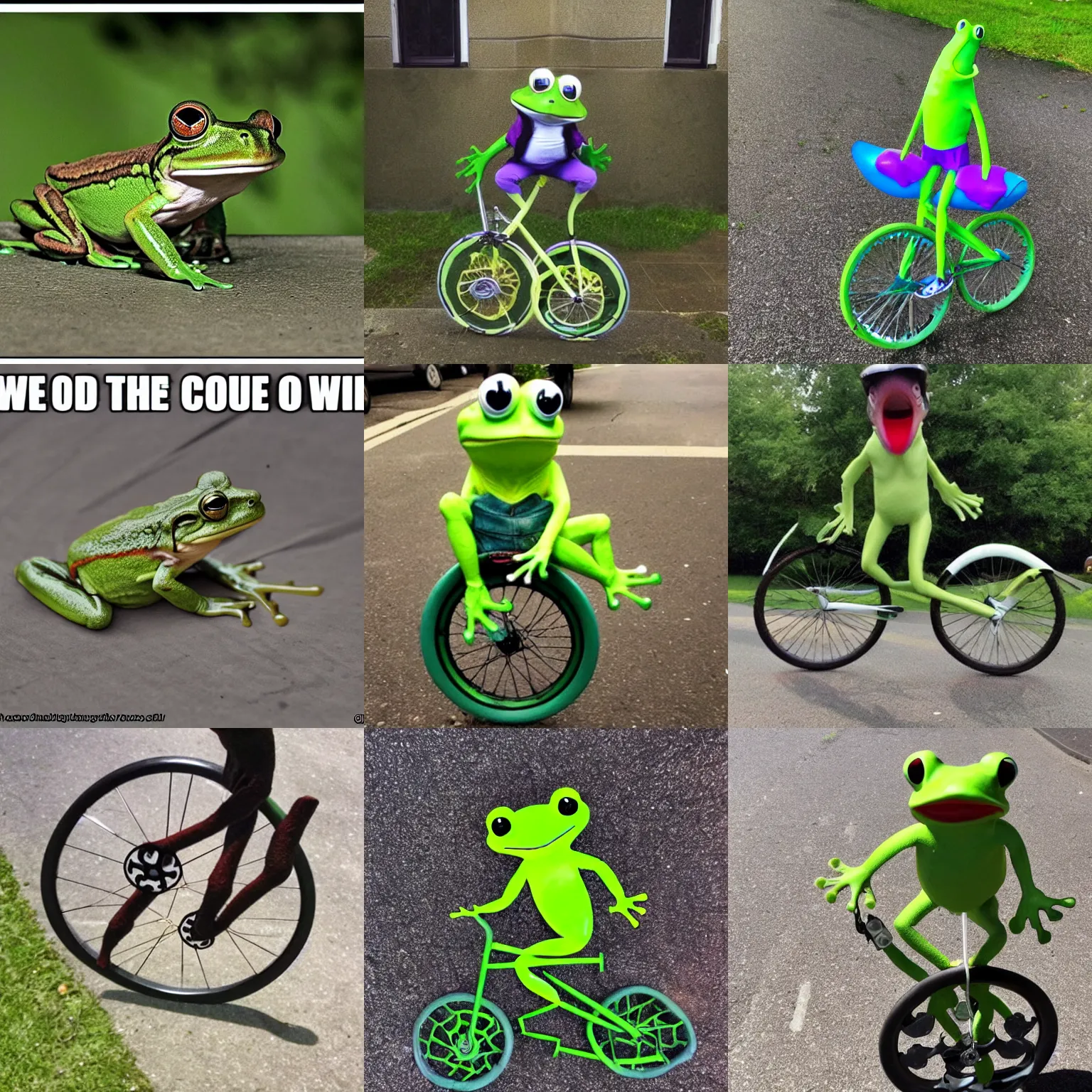 Prompt: photo of the frog on unicycle from the meme oh shi whaddup here comes dat boi