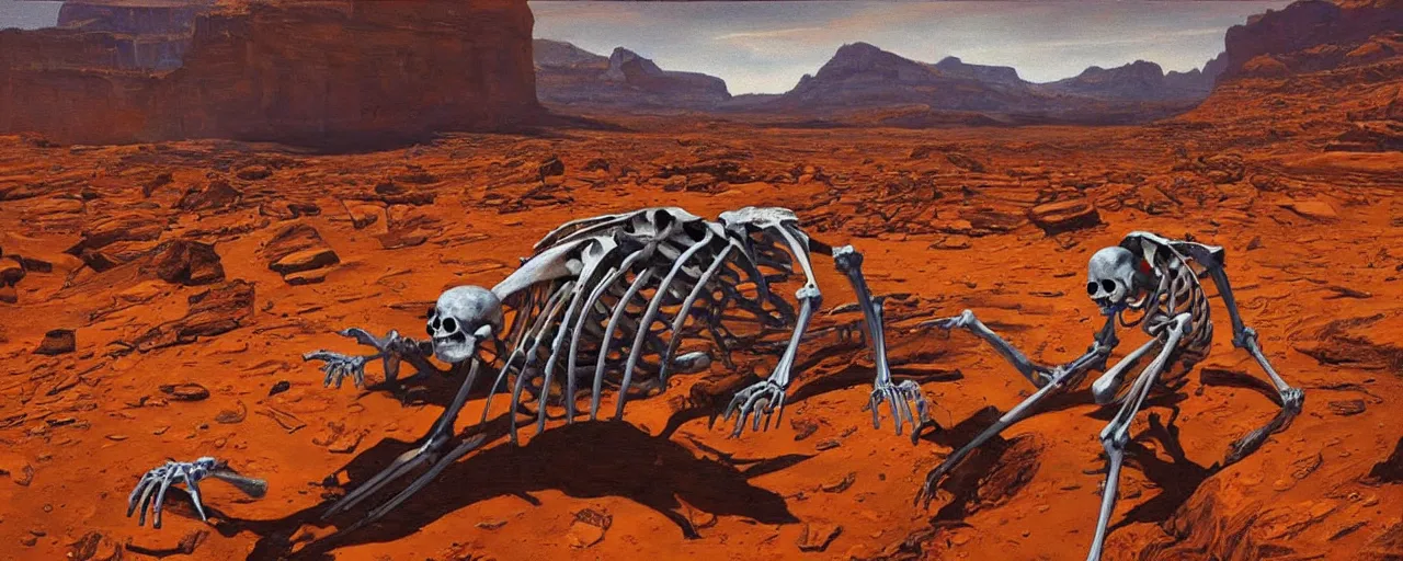 Prompt: an alien skeleton on Mars, canyon, mountains, classic painting, award winning, highly detailed