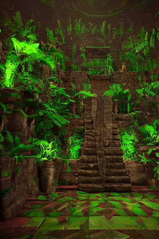 Image similar to a beautiful 3 d stylized interior scene of a dark ancient mayan temple with voodoo magic, green potions, vines, octane, unreal engine,