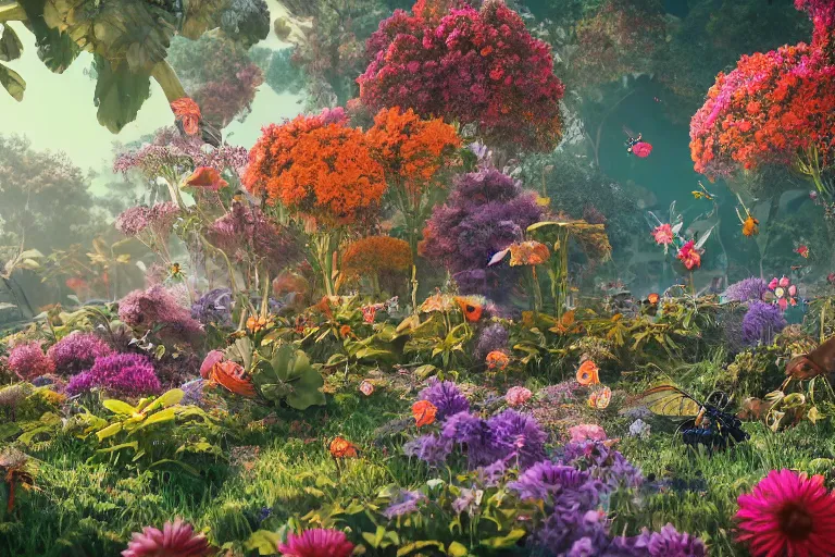 Image similar to super detailed color art, a lot of small garden flowers, A multiverse of insects, spiders and dragonflies, unreal engine, wes anderson color palette, 3d render, colorful, digital art