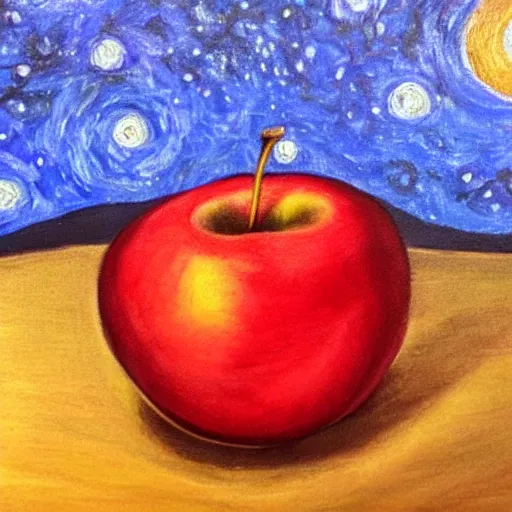 Prompt: blue apple in a fruit bowl on a starry night