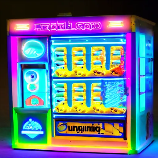 Image similar to friendly robot vending machine with pastel led lights made of cheap materials selling cheap junk food in a city comprised of light matter, set in the distant future, plants, light prisms, rainbow diffraction, steampunk, cyberpunk, robots, warm lights, anime, vhs distortion, art style mimics starlight brigade by game grumps