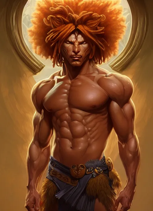 Image similar to symmetry! portrait of lion - o, d & d, muscular! fantasy, intricate, elegant, highly detailed, digital painting, artstation, concept art, smooth, sharp focus, illustration, art by artgerm and greg rutkowski and alphonse mucha