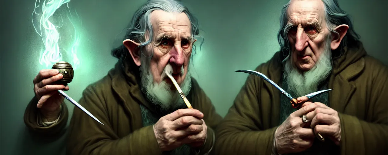 Image similar to duotone concept illustration 3 / 4 portrait of jrr tolkien in hobbit house smoking pipe with gandalf in rustical style. cinematic volumentric lighting. accidental renaissance. by sachin teng and sergey kolesov and ruan jia and heng z. graffiti art, scifi, fantasy, hyper detailed. octane render. concept art. trending on artstation