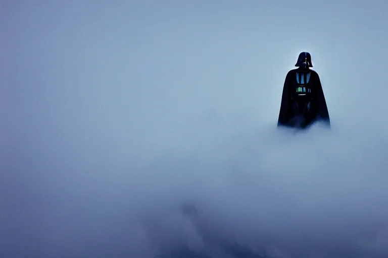 Image similar to darth vader on top of a tall mountain, blue fog, tornadoes surrounding, film photography, soft lighting, vignette