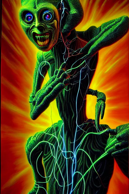 Image similar to a hyperrealistic painting of an electricity creature specter in the mansions lobby, cinematic horror by chris cunningham, lisa frank, richard corben, highly detailed, vivid color,