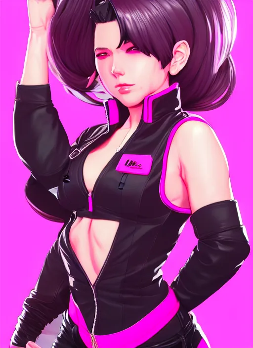 Image similar to female boss, wide angle view, neon pink and black color scheme, highly detailed, artgerm, cushart krenz, king of fighters style, trending on artstation, soft light, sharp focus, illustration, character design, concept art