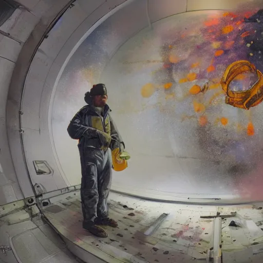 Prompt: painting of Idi Amln holding a spray can in an abandoned space station