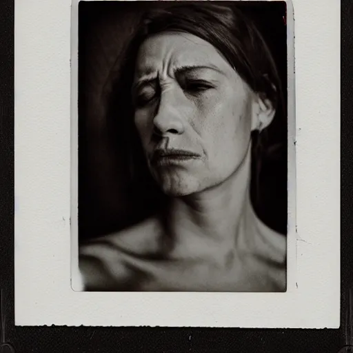 Prompt: portrait of woman, agonizing pain. photo. polaroid type 6 0 0