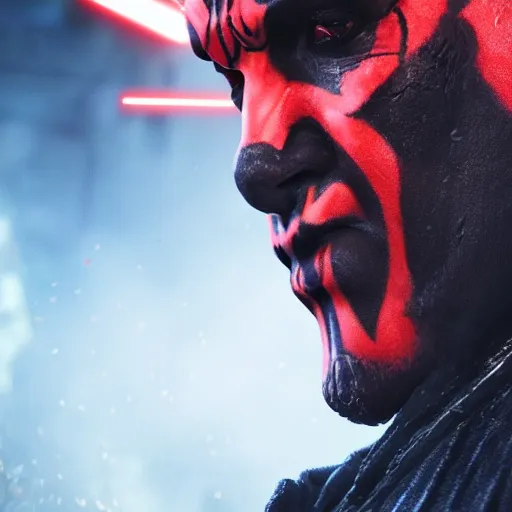 Prompt: Darth Maul in gears of war, splash art, movie still, detailed face, photorealistic facial features, cinematic lighting, dramatic, octane render, long lens, shallow depth of field, bokeh, anamorphic lens flare, 8k, hyper detailed, 35mm film grain