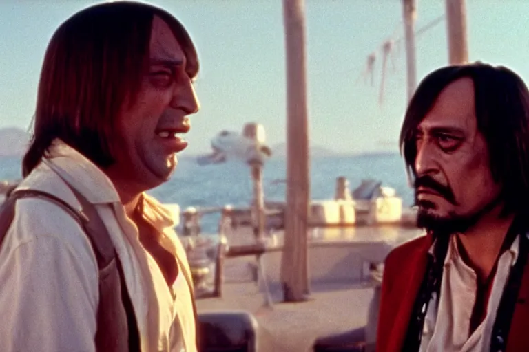 Prompt: captain sparrow and anton chigurh in fear and loathing in las vegas movie, all faces are contorted, shock, repulsion, disgust, annoyance, cinematic still, movie still, long lens, shallow depth of field, bokeh, anamorphic lens flare, 8 k