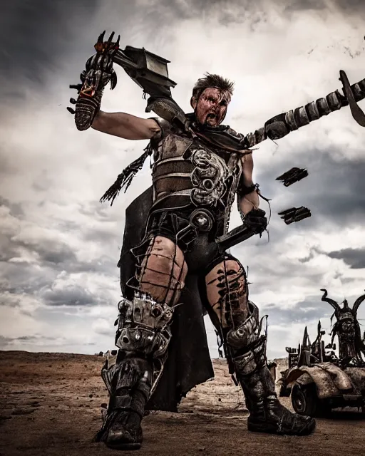 Image similar to photoshoot of the post apocalyptic warrior giant master blaster, in the style of mad max beyond the thunderdome and director george miller, cinematic