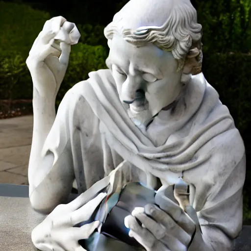 Image similar to a marble statue having trouble working on his laptop