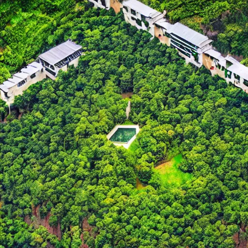 Image similar to fortified compound. aerial photography. secret police facility. lush green forest