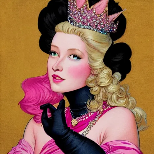 Prompt: the painted portrait of beautiful princess with long blond hair and a golden crown circled by diamonds in a wonderful pink dress over a cloudy black background by Leyendecker, Moocha, and Rebecca Guay, trending on artstation