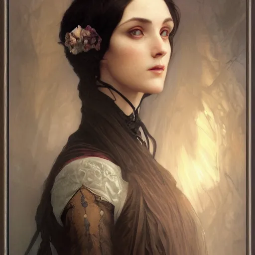 Prompt: portrait of victorian gothic lady, intricate, elegant, highly detailed, digital painting, artstation, concept art, smooth, sharp focus, illustration, art by artgerm and greg rutkowski and alphonse mucha and william - adolphe bouguereau