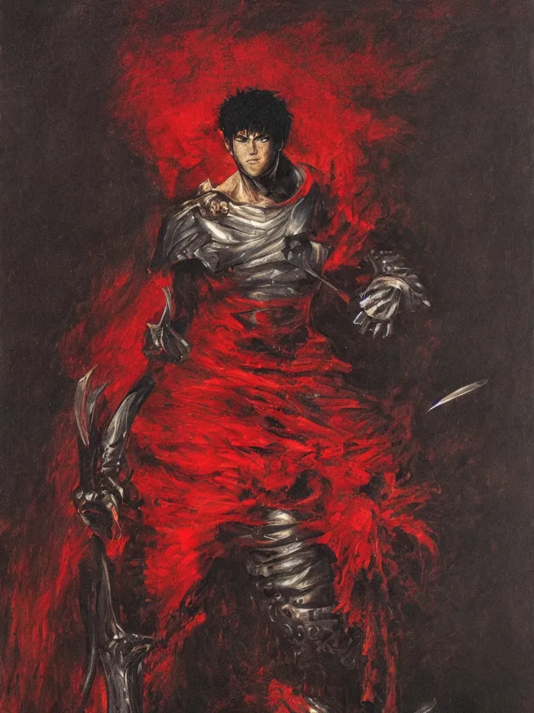 Image similar to the black swordsman guts from berserk painted by francisco de goya, red background, oil painting, romanticism painting, highly detailed, 4 k